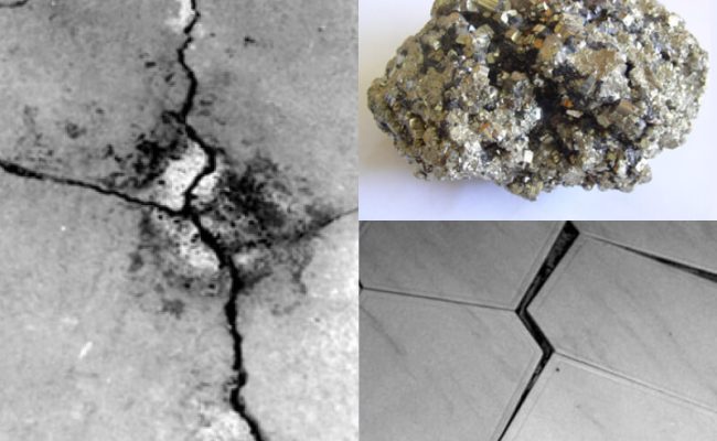 Soulèvement et fissures dans une dalle de béton causés par la pyrite et la sulfatation, réparés par Les Goudrons du Québec avec injection d’époxy, membrane géotextile et pierre concassée certifiée DB à Montréal, Laval, Rive-Nord, Laurentides et Rive-Sud.